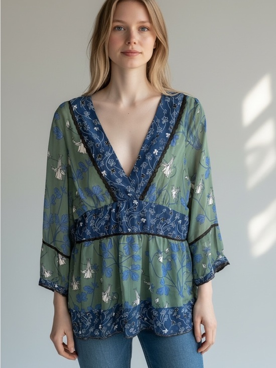 VENUS Tops - VENUS Olive Green and Navy Floral  Peasant V-Neck Top